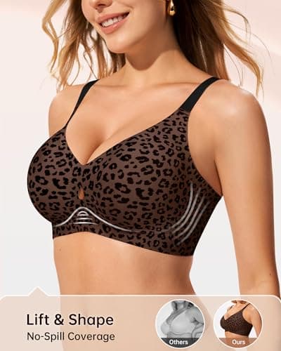 LetsJoli Jelly Bras for Women Wireless No Underwire Seamless Support Comfortable Tshirt Bras Early Fall Fashion(Leopard Coffee XL) - Thumbnail 2