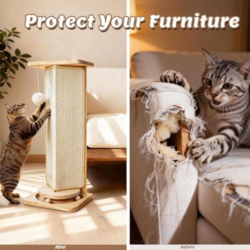 Couch Cat Corner Scratcher with Interactive Ball Toys for Cat, Replaceable Sisal Scratch Pad, Kitten Wall Scratcher for Couch, Wall Furniture Protector 25'' - Thumbnail 4