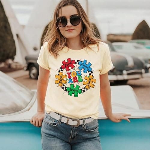 Autism Awareness T Shirt Women Autistic Support Graphic Tee Shirt Casual Puzzle Piece Bleached Tee Tops Apricot - Thumbnail 2