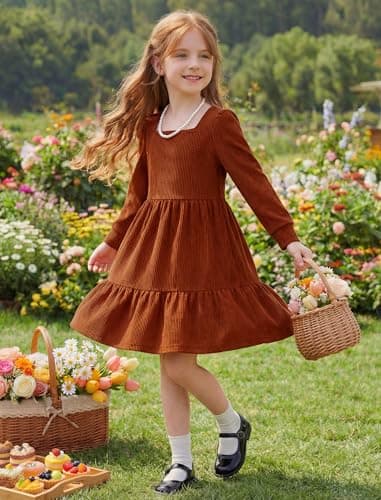 JiAmy Toddler Sweater Dress Girls Winter Square Neck Long Sleeve Tiered Ruffle Casual Dresses with Pocket Camel 4-5 Years - Thumbnail 5