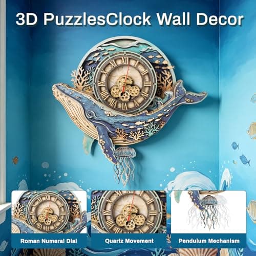 3D Puzzles for Adults Whale Clock Crafts for Adults Wooden Puzzles Home Wall Decor Pendulum Clock with Roman Numerals Gift for DIY(Deep Blue Whale) - Thumbnail 2