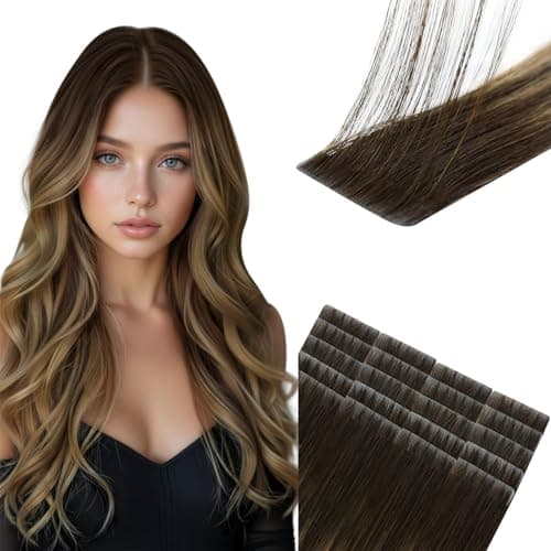 Sunny Hair Invisible Injected Tape in Hair Extensions Human Hair, 14inch 40g 20Pcs Dark Brown Balayage Caramel Blonde, Glossy Seamless Injection Tape ins Hair, Easy to Install