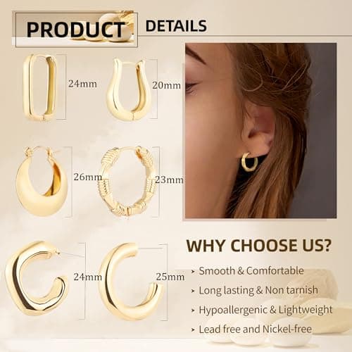 6 Pairs 14K Gold Plated Hoop Earrings for Women Lightweight Chunky Hoop Earrings Multipack Hypoallergenic, Thick Open Twisted Huggie Hoops Earring Set Jewelry for Gifts. (new gold hoops) - Thumbnail 5
