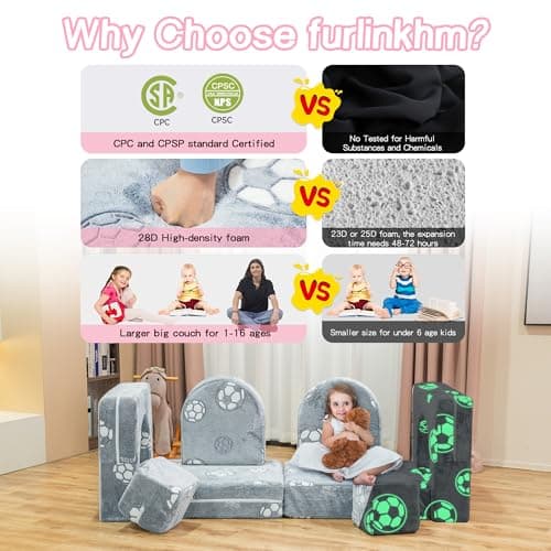 furlinkhm Modular Kids Play Couch, Kids Couch for Playroom Bedroom, Glow in The Dark, 5 Seconds Instant Expansion, Glowing Football, Grey - Thumbnail 5