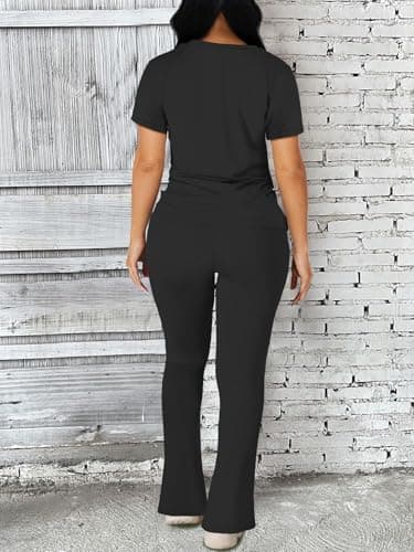STOLKISS Casual Workout Two Piece Outfits for Women Summer Vacation Fitted Crew Neck T-shirt High Waist Pants Matching Sets Streetwear Black XL - Thumbnail 4