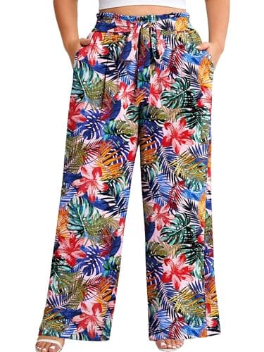 AusLook Plus Size Wide Leg Pants for Women High Waist Elastic Drawstring Palazzo Casual Lounge Beach Travel Vacation Resort Tropic Affair 3X Pants with Pockets Flowy Summer Comfy Outfit