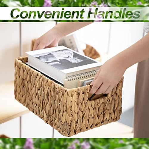 FairyHaus Wicker Baskets 15x11x7 & 13.4x9.5x6.5, 2 Pack Handmade Big Wicker Storage Basket with Handles, Natural Water Hyacinth Wicker Baskets for Storage Shelves Organizing, Rectangle Wicker Basket - Thumbnail 4