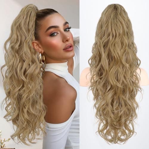 LRSICAL Ponytail Extension, Claw Clip Ponytail Extension Long Wave Ponytail Extensions for Women Fluffy Natural Synthetic 26 Inch Hairpiece for Daily Use(Color:Mocha with Medium Blonde） - Image 1