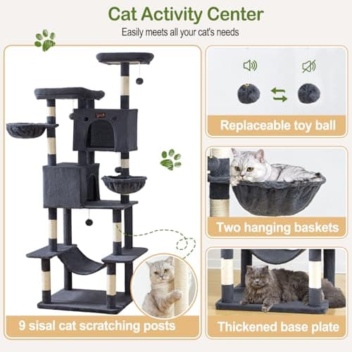 Large Cat Tree Tower for Indoor Cats Adult, 74.8 Inch Tall Large Multi-Level Tree Towers with Scratching Posts, Condo, Hammock, Bed for Big Cats, Modern Cat Trees Furniture Heavy Duty (Dark Gray) - Thumbnail 5