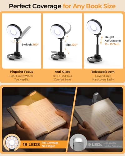 EastPin Reading Lights for Books in Bed:18 LED Rechargeable Clip-on Book Light with Timer & Memory Eye Caring 3 Color Temperature Stepless Dimming Portable Travel Gifts for Men Kids Book Lovers - Thumbnail 4