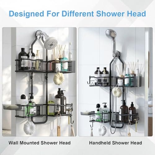 Depecal Shower Caddy Hanging Organizer, Rustproof Shower Organizer Hanging for Handheld Showerhead with Hooks for Razor/Sponge, Bathroom Caddy Rack Shower Shelves for Shampoo Soap Towels, Black - Thumbnail 3