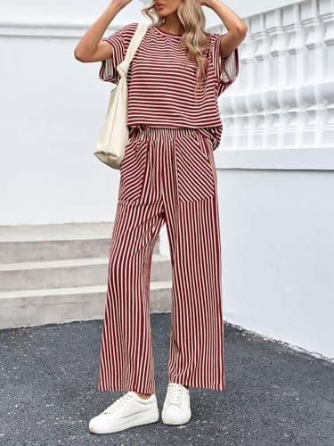 Tankaneo Womens Striped 2 Piece Sets Short Sleeve T Shirts Wide Leg Pants Matching Lounge Set with Pockets - Thumbnail 2