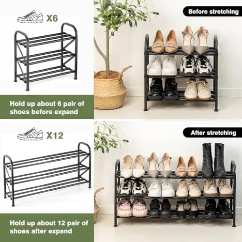 Atrastout 3-Tier Shoe Rack for Closet, 16"-32" Expandable ShoeRackAdjustable for Entryway Closet Doorway SturdyMetal, Black - Thumbnail 6