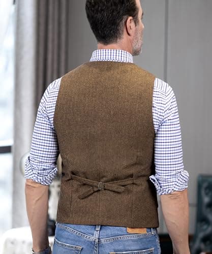 AeoTeokey Men's Tweed Suit Vest Western Herringbone Wool Casual Waistcoat for Groomsman (Silver,Small) - Thumbnail 5