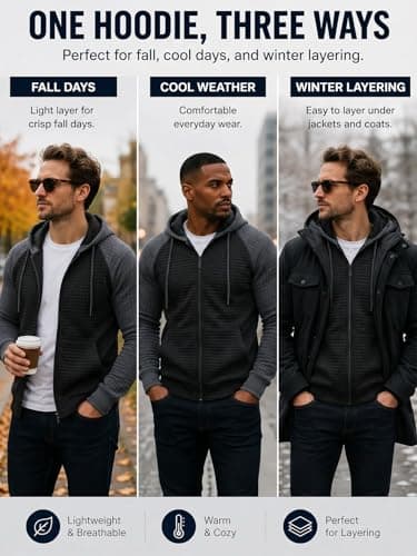 Men's Lightweight Waffle Knit Hoodie Zip Up Long Sleeve Hood Casual Warm Sweatshirt Drawstring Jacket with Pocket - Thumbnail 4