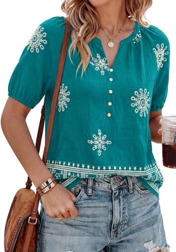 BTFBM Womens Summer Boho Tops Casual V Neck Short Sleeve Blouses Floral Print Shirt Tie Front Beach Vacation Fashion Clothing(Floral Lake Blue White, Large) - Thumbnail 2