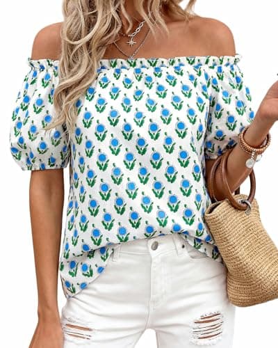 BTFBM Off The Shoulder Boho Tops for Women Summer Spring Short Sleeve Floral Loose Resort Beach Vacation Clothes 2026(Floral White Blue Green, XX-Large) - Image 1