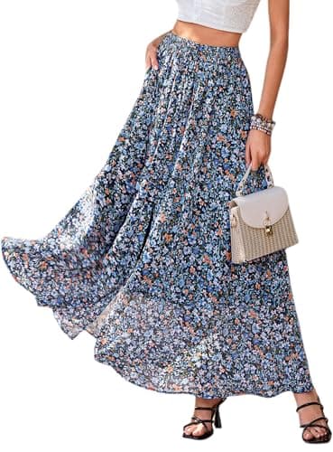 PRETTYGARDEN 2026 Summer Maxi Long Skirts for Women Trendy Boho Floral High Waisted Slit Flowy Travel Beach Vacation Clothes (Floral Navy Multicolored,Large) - Image 1