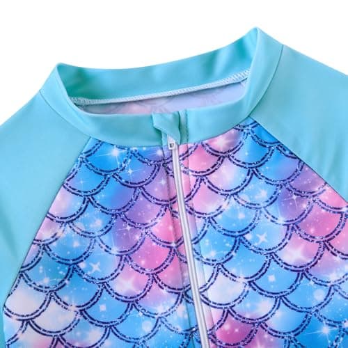 Funnycokid 3T 4T Swimsuit Kids Little Girls Mermaids Blue Bathing Suit Ruffle Rashguard Sets Swimwear Sun Protection Long Sleeve 3 Piece Swimming - Thumbnail 3