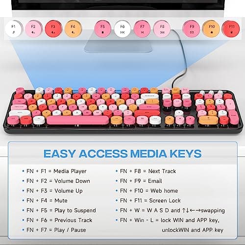 Atelus USB Wired Computer Keyboard - Retro Typewriter Keyboard - Full Size Office Keyboard with Number Pad, Caps Indicators, Foldable Stands, for PC Laptop Desktop Windows (Black Colorful) - Thumbnail 6