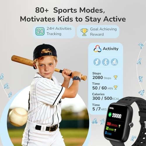 Smart Watch Kids Fitness Tracker, Kids Smart Watch with Health Monitor, Activities Track & Water/Rest/Task Reminder, IP68 Waterproof Smartwatch with Puzzle Games, Boys Gift for Birthday-Black(2 Bands) - Thumbnail 4