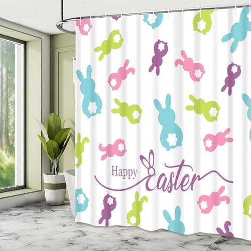 Lofaris Spring Easter Shower Curtain Happy Easter Peeps Curtain for Home Bathroom Decor Colorful Bunny Rabbits Fabric Waterproof Washable Bathtubs Shower Curtains with 12 Hooks 72x72 in - Thumbnail 3