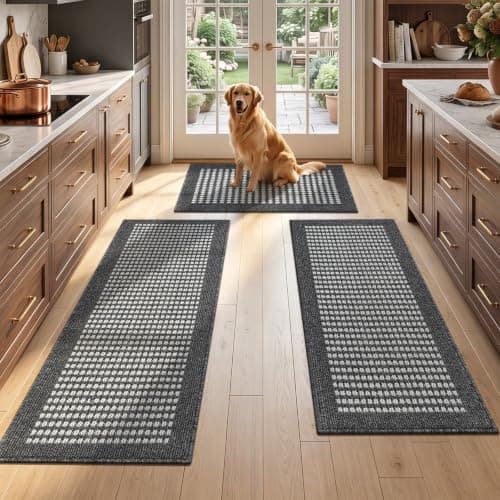 Ileading Kitchen Mat Sets 3 Piece Minimalist 3D Lattice Kitchen Floor Rugs with Non Slip Rubber Backing Machine Washable Farmhouse Runner Rugs for Laundry Hallway Doormat(Black) - Image 1
