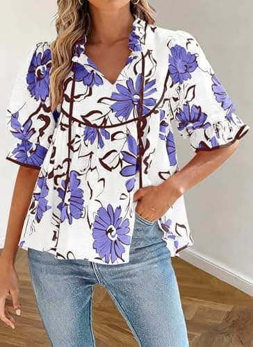 PRETTYGARDEN Womens Summer Tops 2026 Cute Puff Sleeve Ruffle V Neck Babydoll T-Shirts Boho Floral Fall Peplum Shirts(Purple Floral,Small) - Thumbnail 3
