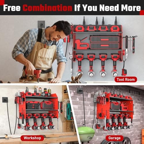 ZESEN Power Tool Organizer with Charging Station, Heavy Duty 3 Layer Drill Holder Wall Mount Garage Shelf Rack with 6 Outlet Power Strip, Tool Shelf with Hooks, Drill Bit Rack for Garage, Red - Thumbnail 6