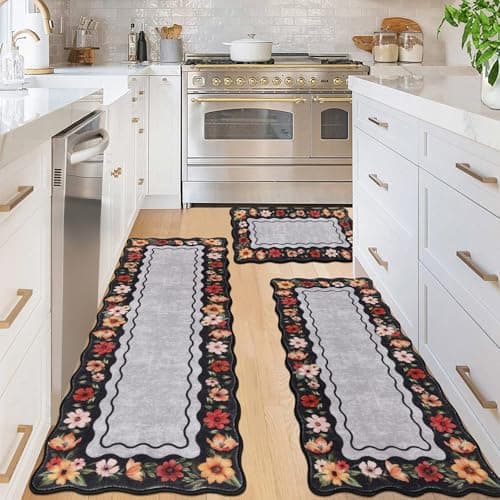 Vaukki Boho Kitchen Rug Sets 3 Pieces, Washable Kitchen Mats for Floor, Non Slip Soft Kitchen Area Rug Floor Mat for Kitchen, Laundry Room and Hallway (Flower-Black, 20''x32''+20''x47''+20''x59'') - Image 1