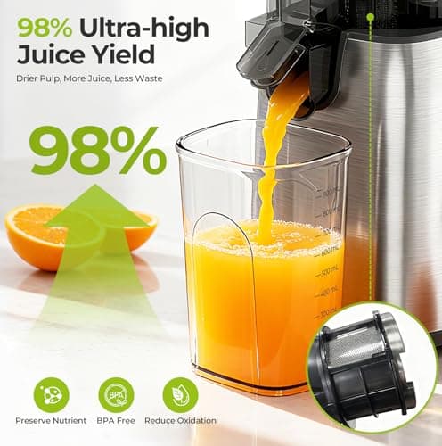 Havato Cold Press Juicer, 5.4" Extra Wide Feed Chute Juicer Machines for Whole Vegetables & Fruits, 98% High Juice Yield, Easy Clean & Install, Compact Slow Masticating Juicer with 300W, Silver - Thumbnail 3