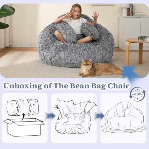 Achicsofar Bean Bag Chair for Adults Kids Giant Fluffy Plush Bean Bag Sofa with Filler Faux Fur Rabbit Shaped Beanbag Chairs Comfy Accent Floor Couch for Gaming, Reading in Bedroom, Living Room, Dorm - Thumbnail 3
