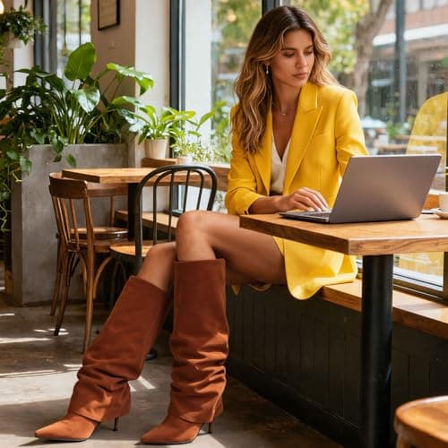 COMFITORIA Womens Knee High Boots, Fold Over Shark Boots Stiletto Heels Slouchy Long Boot Pointed Toe Thigh High Dress Shoes Sexy Fashion Tall Boot for Women with Zipper, Brownsuede, 6 - Thumbnail 6