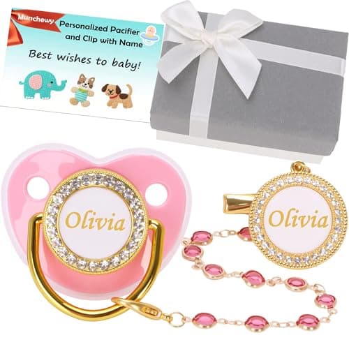 Custom Pacifier with Name, Bling Personalized Pacifier Clip Set with Gift Box Greeting Card, Glitter Crystal Luxurious Soother Dummy Ideal Gift for Girls Baby Shower Newborn Photography(Pink) - Image 1