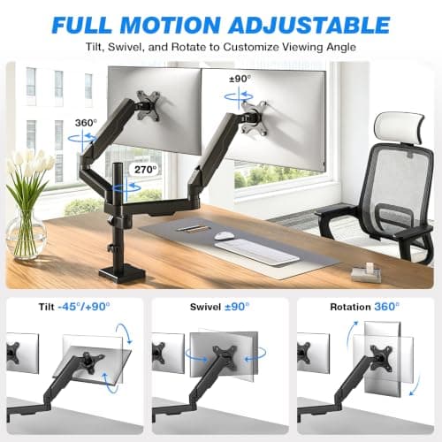Premium Dual Monitor Desk Mount Stand for 17"-34" Screens, Taller Monitor Stand Hold up to 22lbs, Full Motion Height & Angle Adjustable with Tilt, Swivel, Rotation, VESA 75/100mm - Thumbnail 2