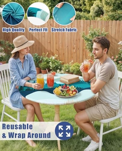 Moosfor Spandex Elastic Fitted Round Tablecloth for 45"-56" Tables, Stretch Washable Reusable Table Cover for Outdoor Picnic, Camping, Dining, Kitchen, Patio and Party, Forest - Thumbnail 5