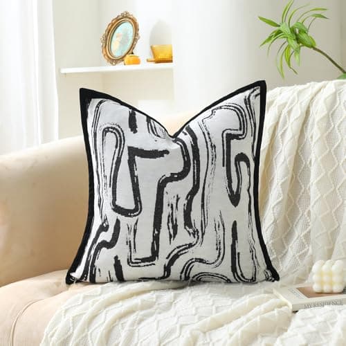 OLSUNOR Black and White Pillow Covers, 20x20 inch Geometric Decorative Throw Pillow Covers w/Invisible Zipper & Velvet Flange Edge, Soft Chenille Jacquard Accent Pillow for Mother's Day, Home Decor - Image 1