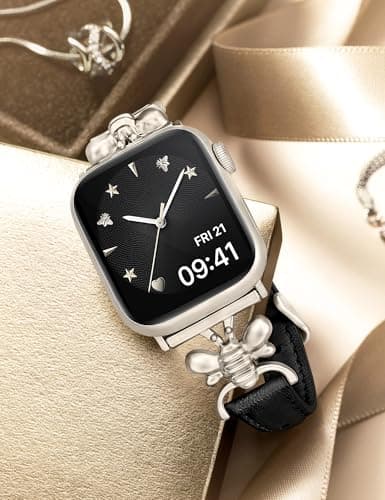 Wearlizer Slim Leather Band Compatible with Apple Watch Bands for Women 40/38/41/42mm, Top Genuine Leather Elegant Strap with Stylish Metal Design for iWatch Series 11 10 9 8 SE 7 6 5 SE 4 3 2 1 - Thumbnail 2