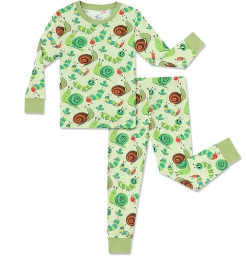 NewSeed So Soft Kids 2-Piece Viscose from Bamboo Outfit Set, Long Sleeve Top & Leggings, Cozy Base Layer for Boys & Girls (Caterpillar and Snails, 7-8Y) - Image 1