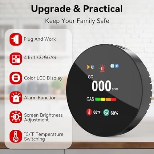 CHZHVAN LPG/Natural Gas/Charcoal Leak Detector, Plug-in Monitor, Methane and Propane Butane, Sound Alarm and LED Digital Display for Kitchen, Mobile Home, Garage - Thumbnail 4