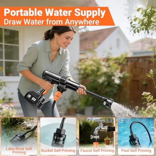Cordless Pressure Washer, 300PSI Portable Power Washer with 6-in-1 Nozzle & Foam Cannon, 21V Hand Held Pressure Washer with 2 Batteries & 32 FT Hose, 3.2 LBS Brushless Motor for Car, Garden, Fence - Thumbnail 5