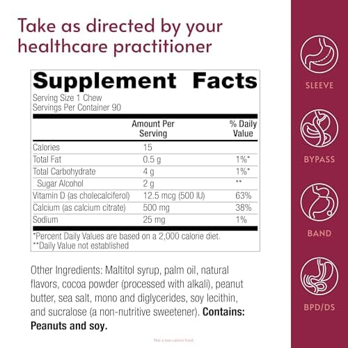 Bariatric Advantage Calcium Citrate Chewy Bites 500 mg - Highly Absorbable & Digestible - Vitamin D3 - Easily Chewable Calcium Supplement - Peanut Butter Chocolate - 90 Count - Thumbnail 4