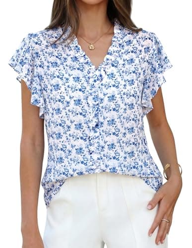 GRACE KARIN 2026 Boho Tops for Women Dressy Casual,Ruffle Sleeve Chiffon Blouses,V Neck Summer Fashion Clothes Blue Floral L - Image 1