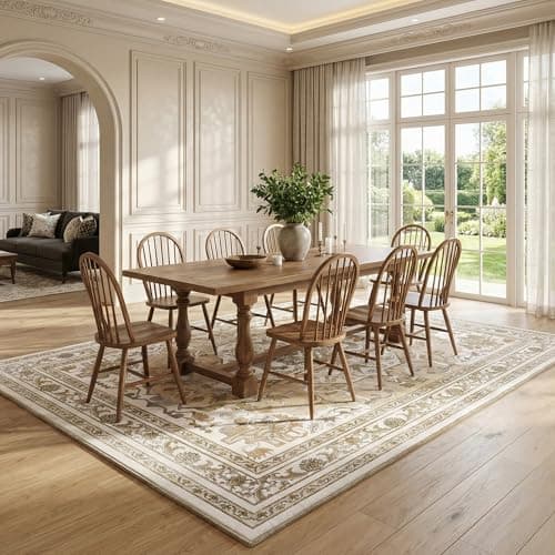 Cnythlis Extra Large Washable Area Rug Living Room Rug 9’x12’, Vintage Medallion Non Slip Water Resistant Faux Wool Carpet for Bedroom Dining Room Office, 0.26" Low Pile, Beige & Ivory - Thumbnail 3