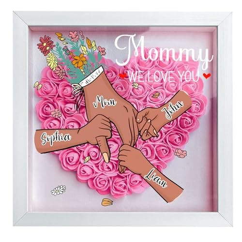 ROSLILY Custom Mom Flower Shadow Box with Kid's Name We Love You Mom Flower Box Picture Frame for Mom Grandma Family Anniversary Birthday (Brown Hand by Hand, 8*8in/20*20cm) - Image 1