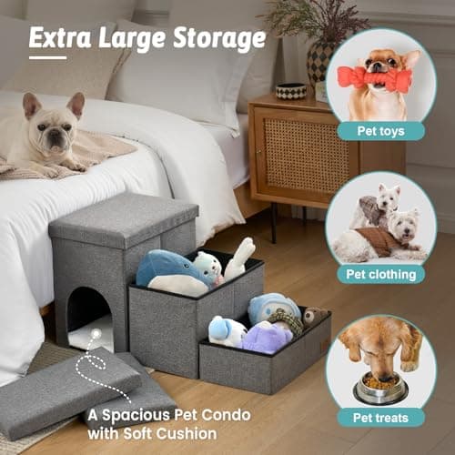 Dog Stairs with Storage, 4-Step Wider Sturdy Dog Steps for Small/Medium/Large Dogs and Older Cats, Doggie Ramp with Condo for Bed/Couch/Car Hold Up to 180 lbs (22.6" H, Grey) - Thumbnail 3