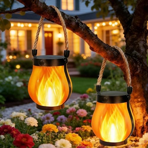 Gen2 Solar Lanterns Outdoor Waterproof, 2Pack Flickering Flame Light Hanging Solar Outdoor Lights with Dual Charging (USB/Solar) & 2 Modes for Desk Yard Patio Path Tree Garden Camping Decoration - Image 1