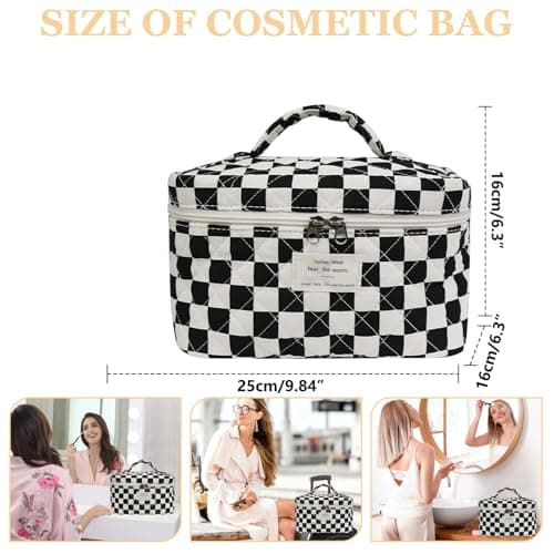 Gosect Large Makeup Bag, Cute Cosmetic Bag for Women Girls, Floral Coquette Aesthetic Toiletry Bag, Travel Make Up Organizer Bag (Black Checkered) - Thumbnail 2