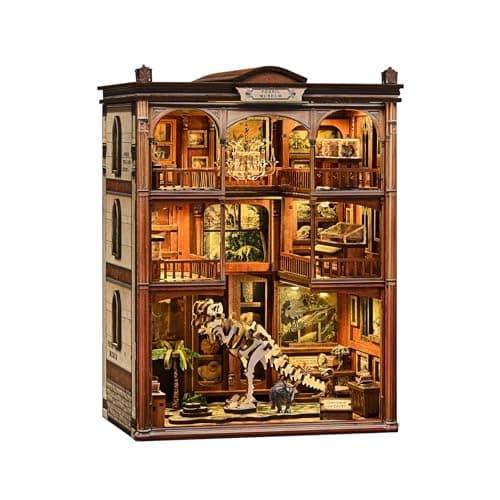 Havefunfun Dinosaur Museum Book Nook Kit - 3D Wooden Puzzle & DIY Miniature Dollhouse with LED Warm Light | Vintage Bookshelf Insert & Sturdy Bookends | Premium Creative Gift for Adults& Book Lovers - Thumbnail 2