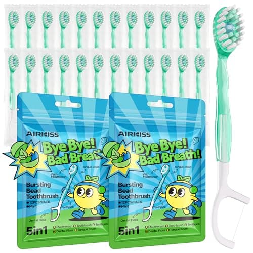 airkiss Disposable Travel Toothbrushes with Toothpaste Bead, Mini Disposable Toothbrush on The Go, Individually Wrapped with Mouthwash, Toothbrush, Toothpick, Dental Floss and Tongue (Cooling Mint)